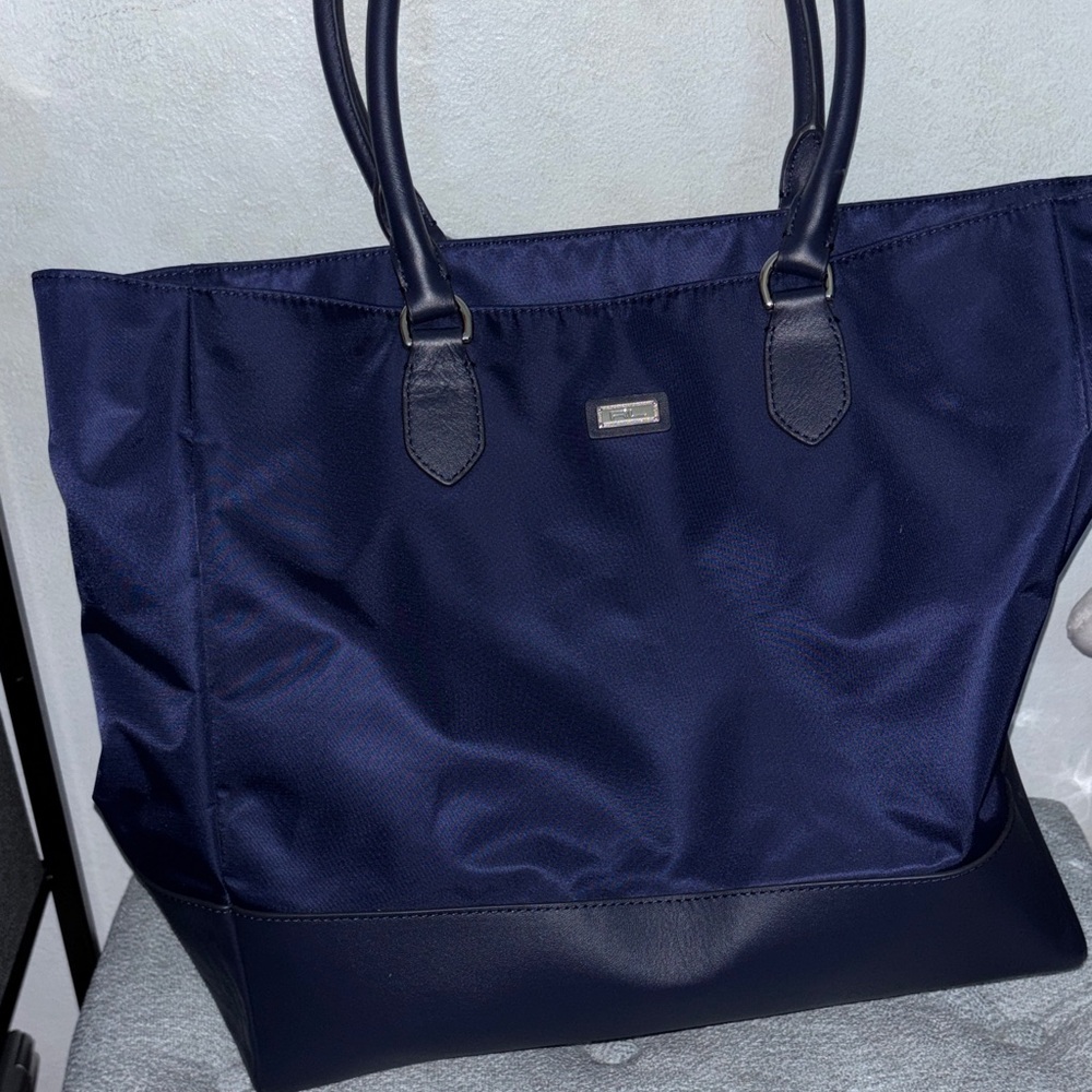 Navy Tote Bag with Leather Trim